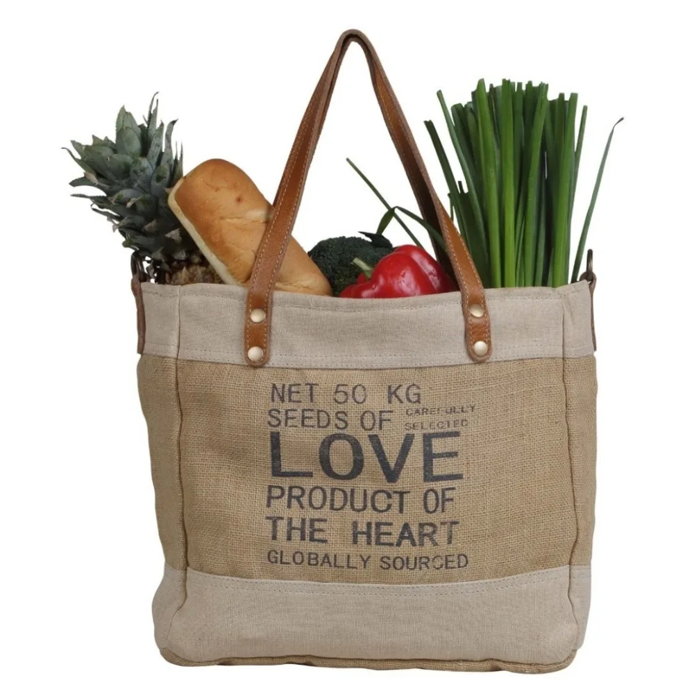 New! Myra Bag Repurposed Jute Canvas And Leather Market Tote Shoulder Bag - Picture 1 of 7